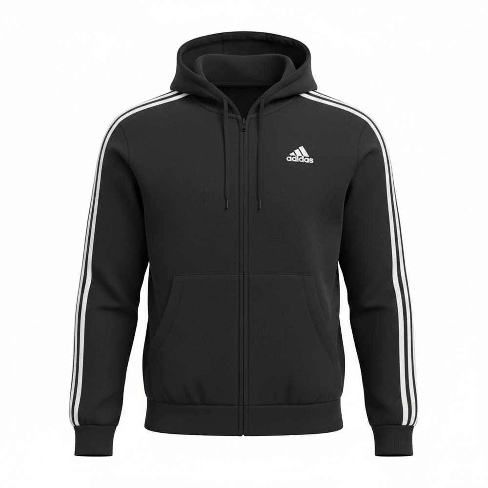 Adidas Mens Essentials 3-Stripes Full-Zip Hooded Black Jacket Large